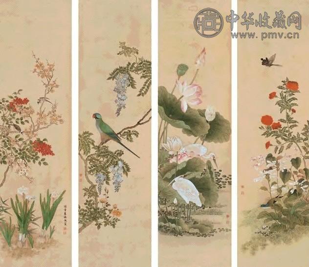 朱瑞凝 花鸟 四屏 设色纸本