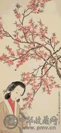 胡琴龛 丁亥(1887)年作 美人桃花图 立轴 设色纸本