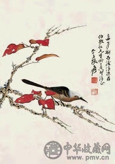 现代 张大千 红叶白头 镜心