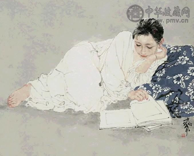 何家英 读书图 立轴 设色纸本