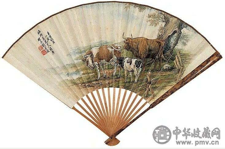 近现代 刘奎龄 牛 成扇