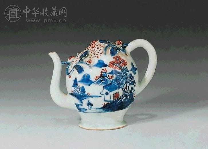 清中期 青花釉里红山水倒流壶