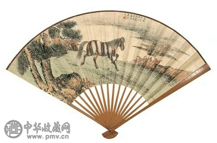 溥佐 松溪散牧 成扇 设色纸本