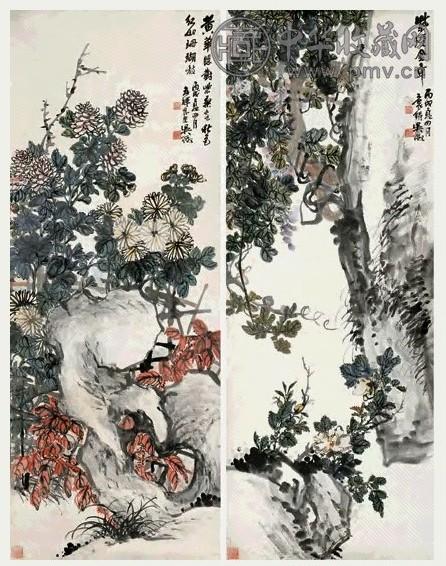 吴徵 1946年作 花卉 四屏 设色纸本