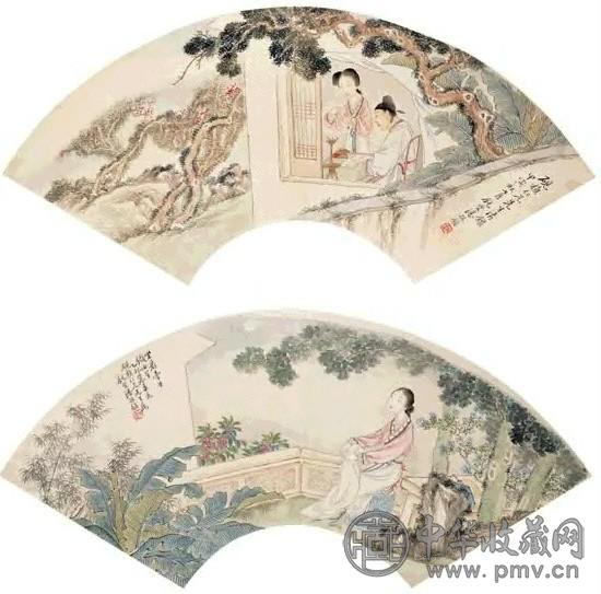 潘雅声 桐荫望星图并添香图 二张 扇面 设色纸本