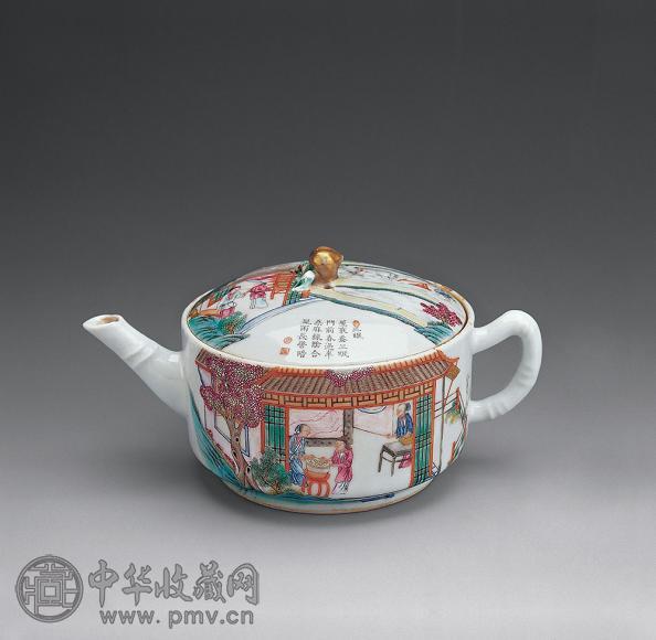 清道光 粉彩市侩农耕图壶