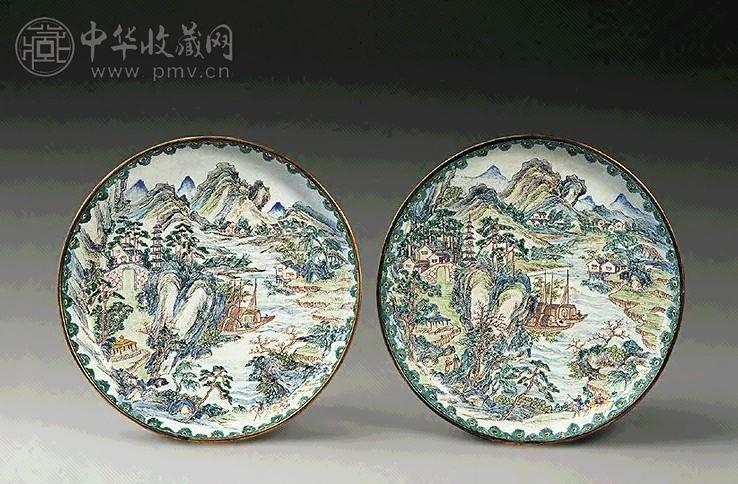 清乾隆 铜胎画珐琅山水图案盘(1对)