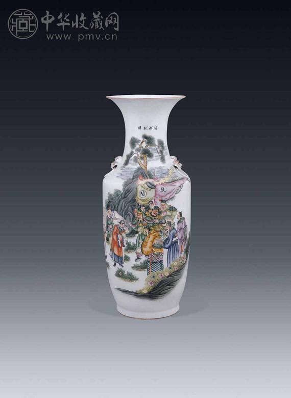 民国 彩三国人物狮耳瓶