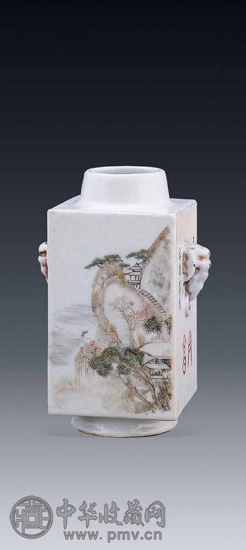 清光绪 浅降彩花鸟山水方瓶