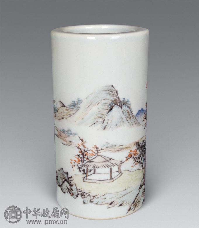 清光绪 浅绛彩山水笔筒
