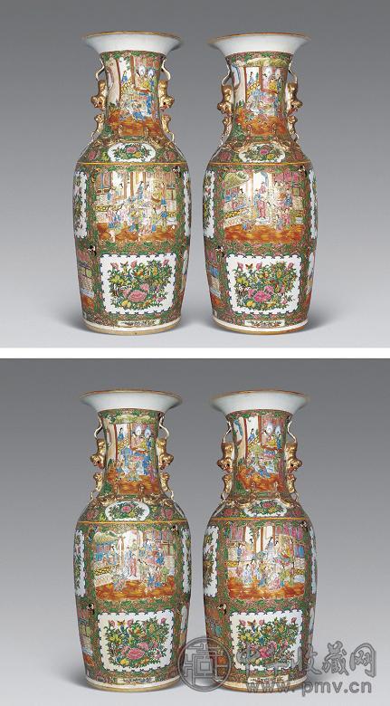 清同治 粉彩花鸟双龙耳大瓶(1对)