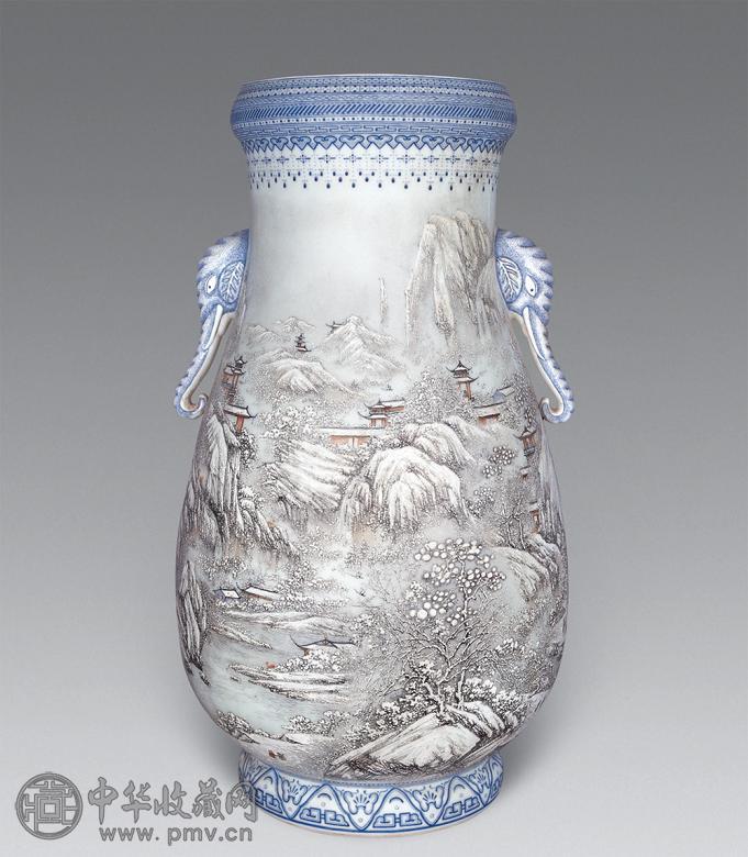 1970年代 汪昆荣绘雪景山水图瓶