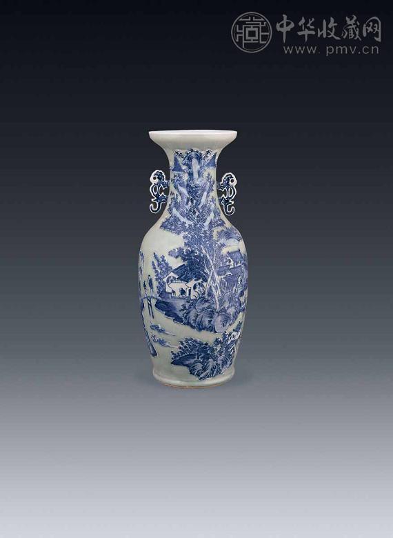 清中期 豆青青花 山水双耳瓶