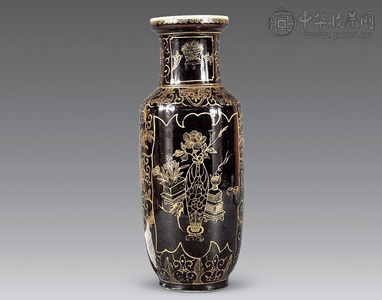 清 乌金釉描金博古纹棒槌瓶
