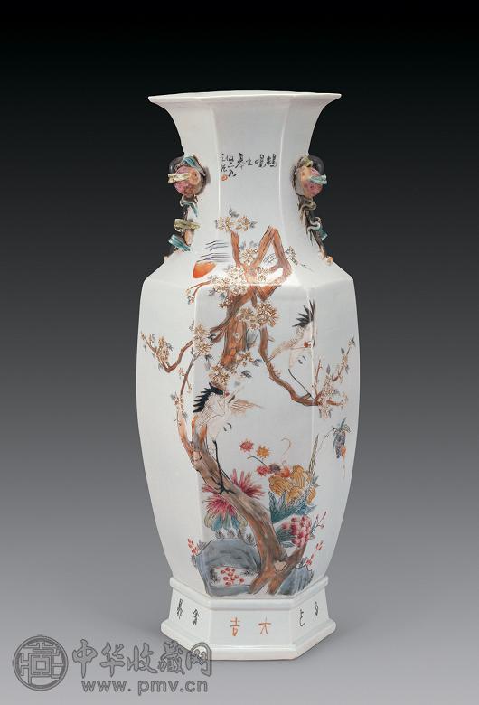 清末 金竹轩浅绛彩花鸟六方瓶