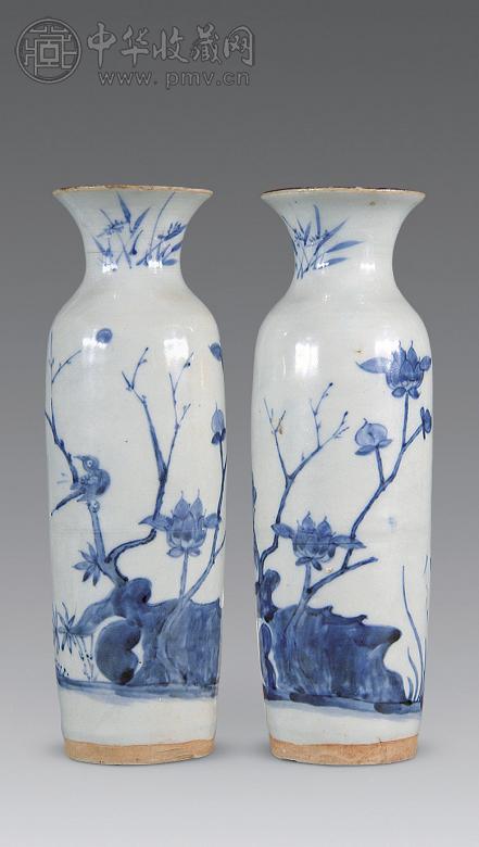 清顺治青花花鸟纹筒瓶(1对) 收藏资讯|艺术家|书画家|书画名人|书法家