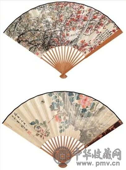 吴徵 五色梅花图、月季草虫图 成扇 设色纸本