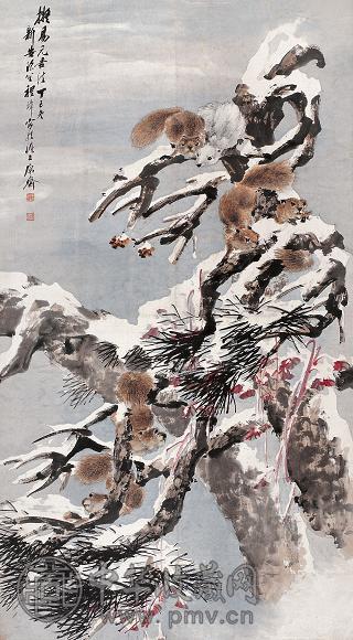 程璋 丁巳(1917年)作 松鼠图 轴 设色纸本