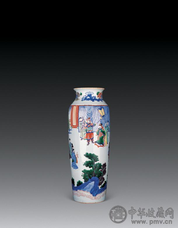清康熙 青花五彩人物故事筒瓶