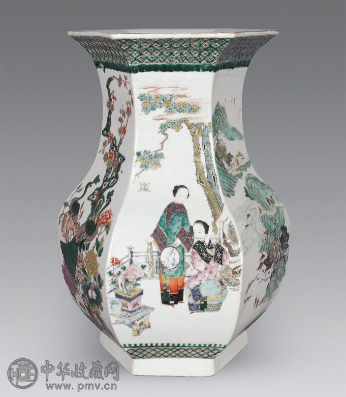 清光绪 五彩仕女六方瓶