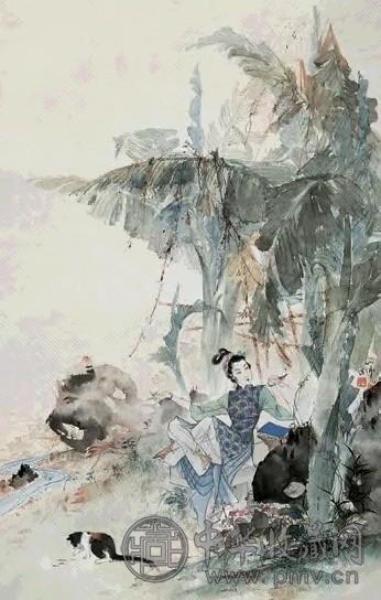 近现代 胡也佛 蕉荫仕女 镜心