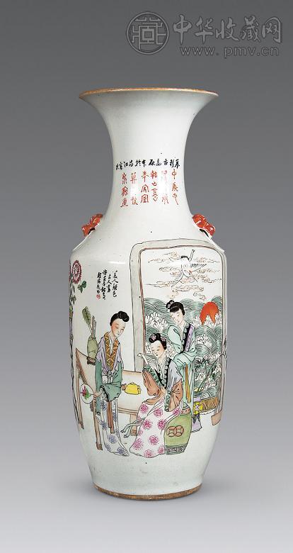 民国 浅绛彩仕女纹兽耳瓶