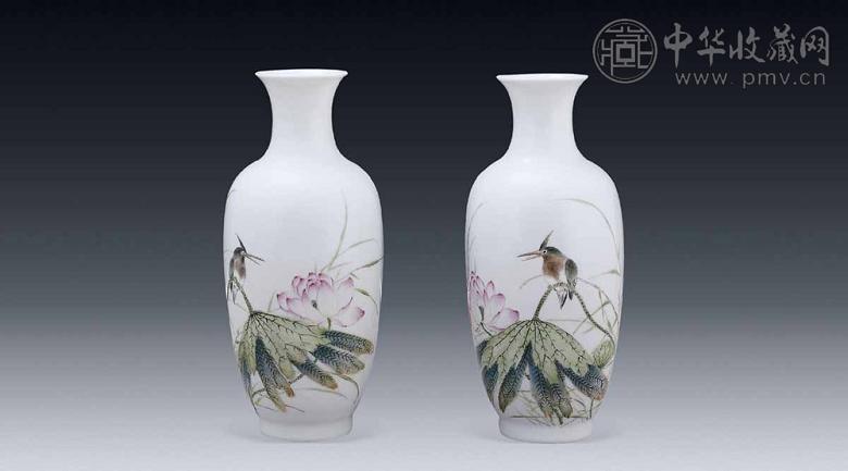 民国 粉彩荷花翠鸟瓶(2件)