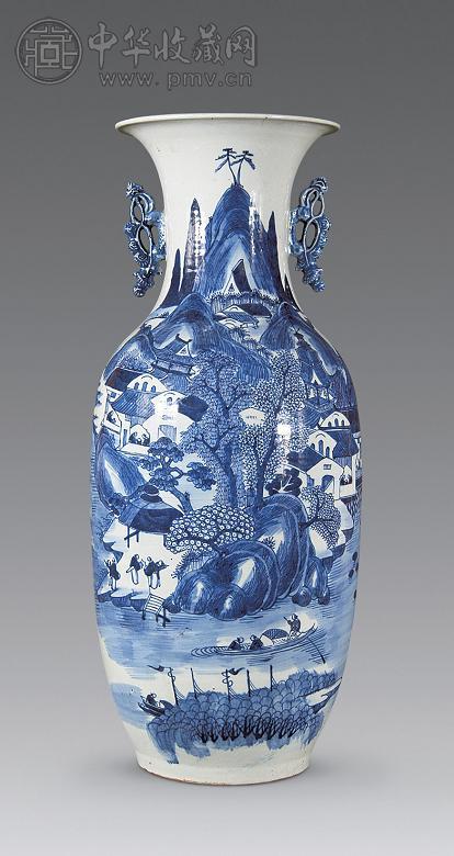 清光绪 青花山水纹双耳大瓶