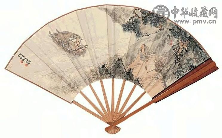 叶昀 吴镜汀 华世奎 知音图 工楷录元好问论子美诗 成扇 设色纸本