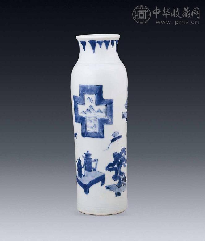 清初 青花博古筒式瓶