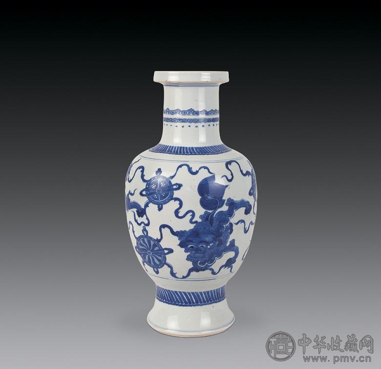 清康熙 青花太狮少狮纹盘口瓶