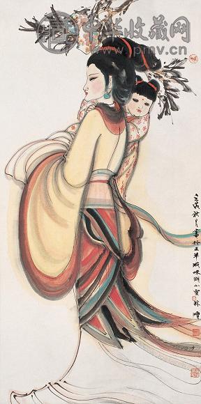 林墉 1982年作 母女 立轴 设色纸本