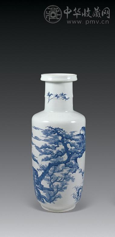 清 青花山水人物棒槌瓶
