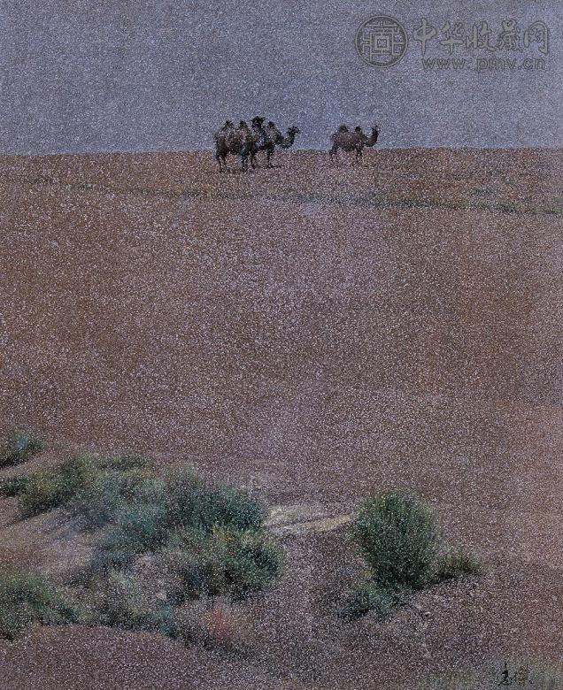 汪志杰 1987年作 灰色戈壁上的野驼 板上综合材料