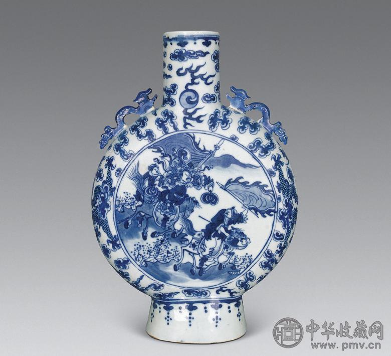 清中期 青花刀马人故事双耳扁瓶