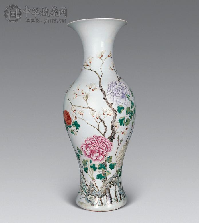 清光绪 粉彩花鸟大观音瓶