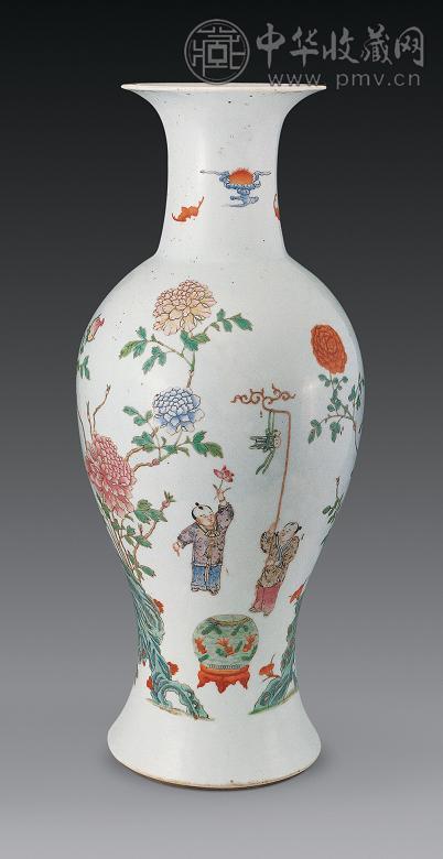 清 彩花卉人物观音瓶