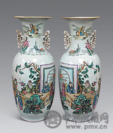 粉彩花卉双耳瓶(1对)