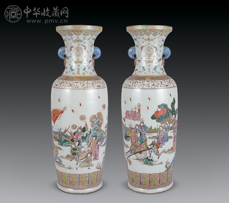 清 粉彩刀马人物纹象鼻耳瓶