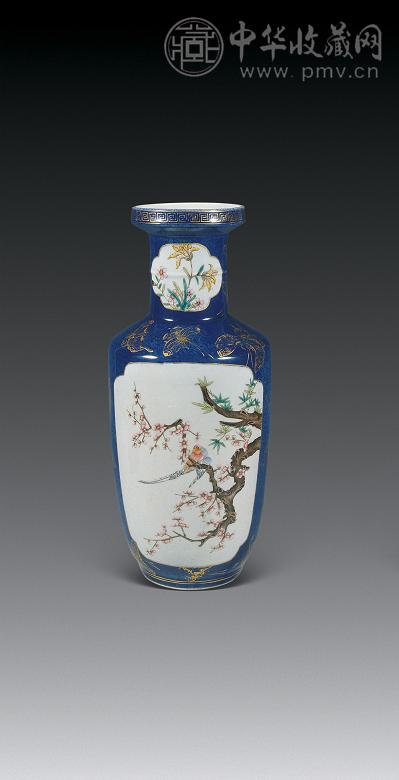清 祭蓝描金开光粉彩花鸟瓶