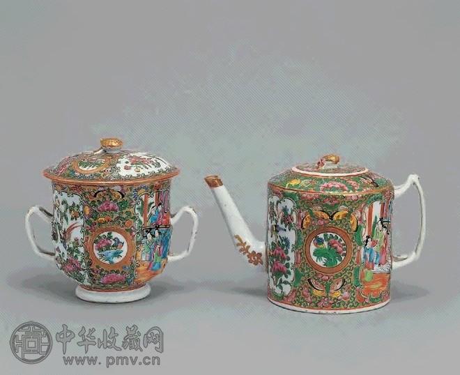 清 广彩开框人物花鸟纹茶壶、盖杯(2件)