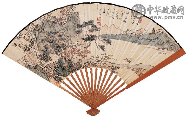 溥儒 邓散木 丙戌(1946年)作 落日秋风 行书 成扇 设色纸本