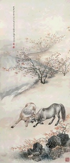 张善孖 戊辰(1928年)作 双马图 立轴 设色纸本