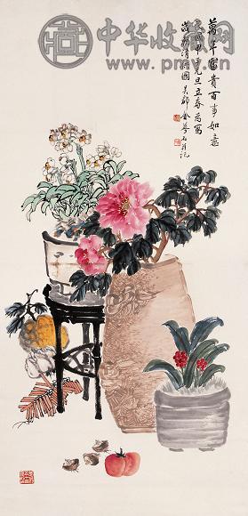 金梦石 甲子(1924年)作 百事如意 立轴 设色纸本