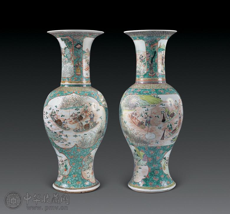 清 粉彩开光渔家乐大瓶(1对)