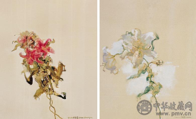 周春芽 1999年作 红百合 青百合(2件) 布面油画