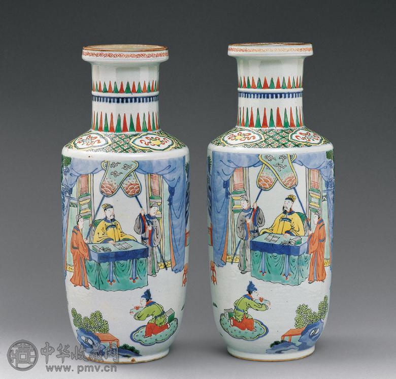 19世纪 五彩人物棒槌瓶(2件)