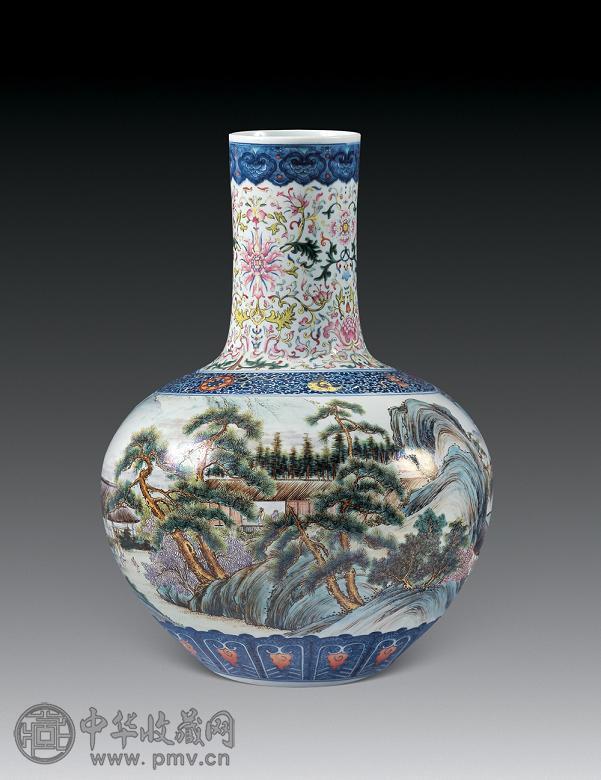 清 粉彩山水纹天球瓶