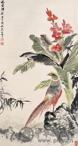 朱梅邨 1980年作 花团锦簇 立轴 设色纸本