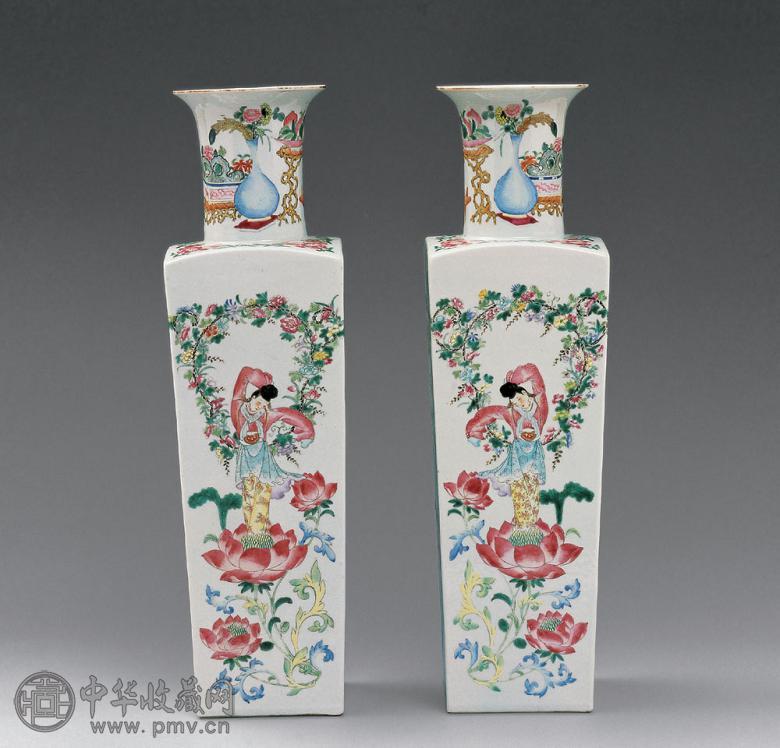 清 粉彩仕女贺寿方瓶(2件)